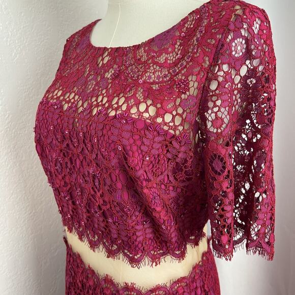 Marchesa Notte Dress Womens 6 Magenta Lace Midriff Cocktail Wedding Guest Glam - Picture 4 of 14